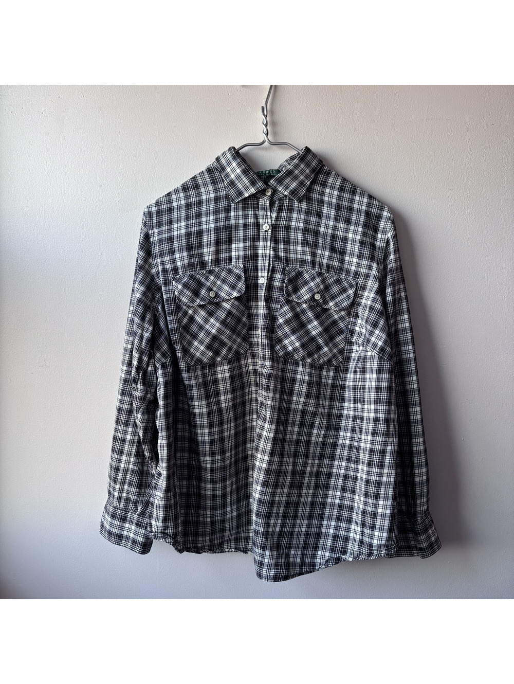 Lauren Ralph Lauren Women's Black and White Plaid Button-Up Shirt Size 2X